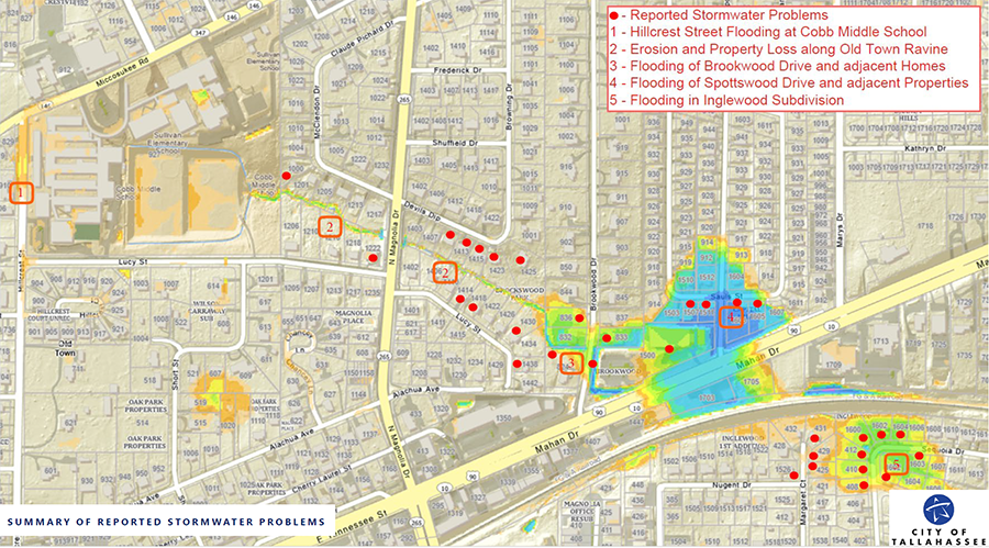 Hillcrest and Lucy Streets on a map showing flooding zones